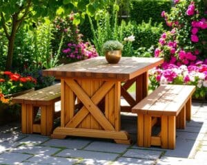 Houten tuintafel met geïntegreerde bankjes: praktisch en charmant