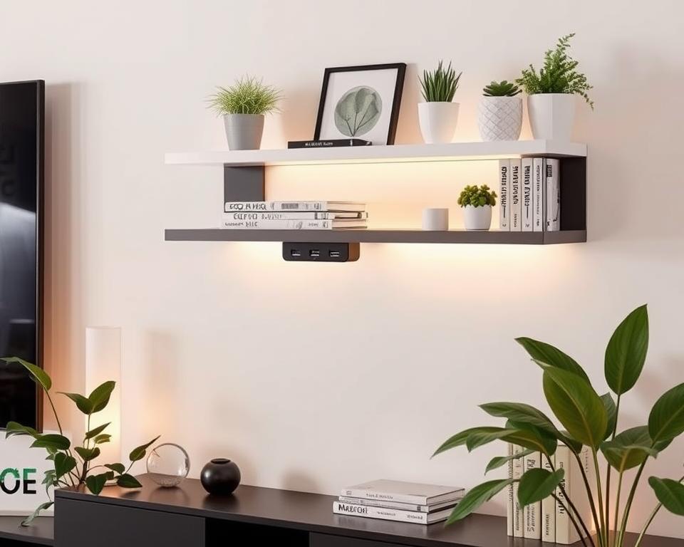 Wandplank met geïntegreerde USB-aansluitingen: handig en modern