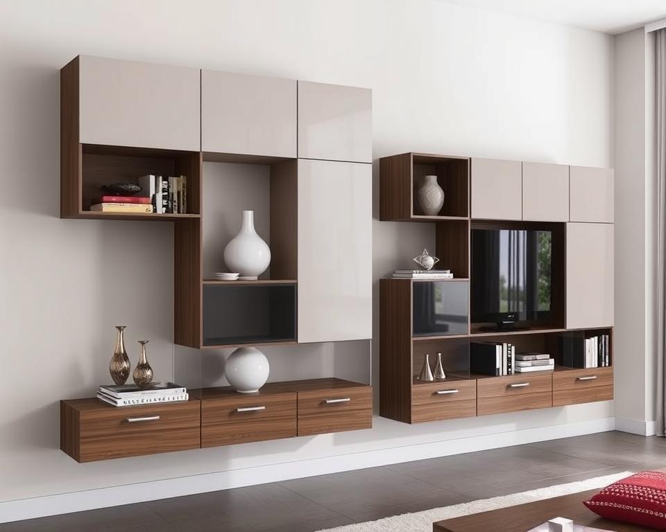 moderne wandkast met asymmetrische vakken